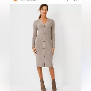 Ann Taylor Speckled Tan Ribbed Knit V Neck Cardigan Dress